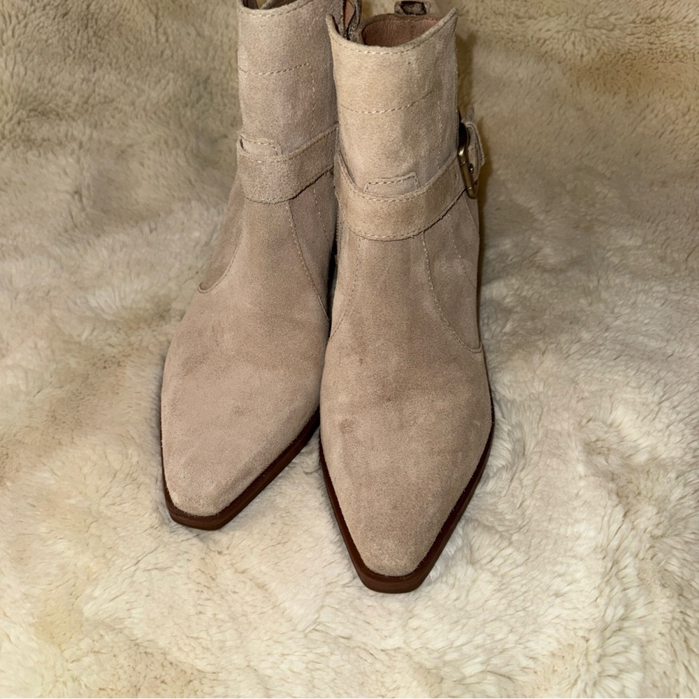ANTONIO MELANI Taupe Suede Pointed Ankle Booties with Buckle